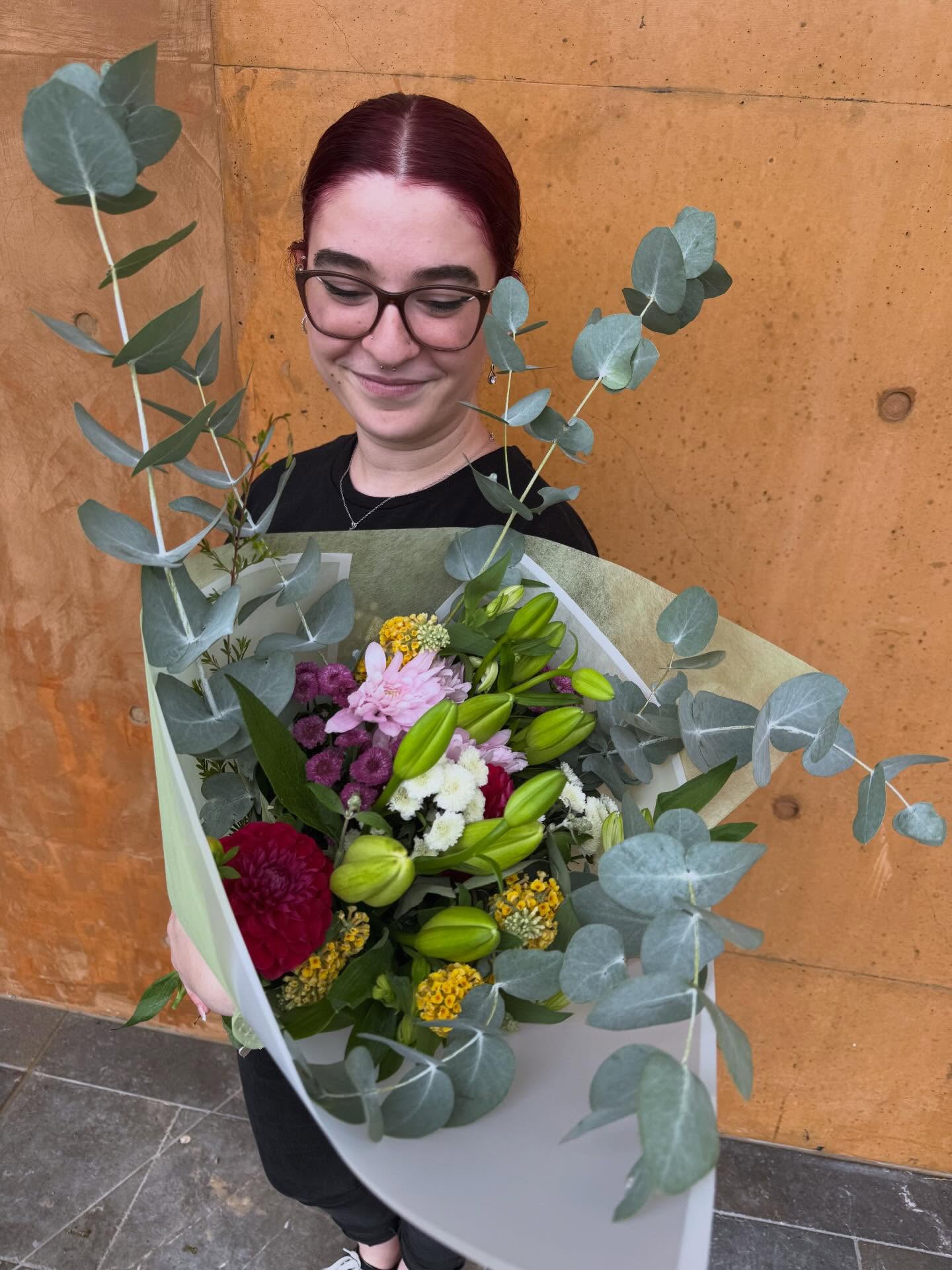 A hand-wrapped seasonal bouquet
